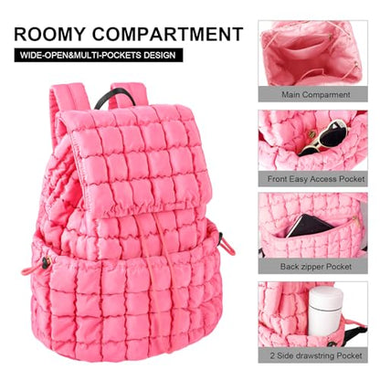 XSUIOY Quilted Backpack Purse for Women Small Lightweight Puffer Puffy College Laptop Backpack Nylon Casual Bookbag Daypack Top Flap Drawstring Padding Hiker Travel Gym Backpack(Pink) - color: Pink