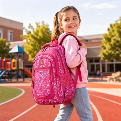 MYGOO Girls School Backpack Vineyard Heart Pink Bookbag for Elementary Middle School Ages 5-12, 17 inch Large Capacity 24L Kids Student Travel Bags - color: Vineyard Heart Pink