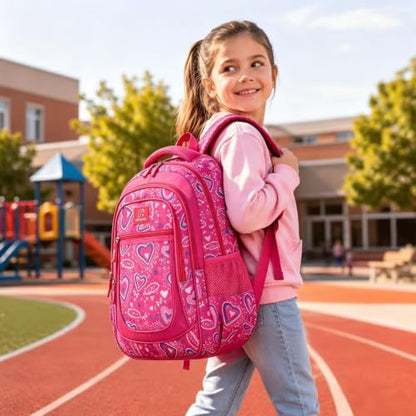 MYGOO Girls School Backpack Vineyard Heart Pink Bookbag for Elementary Middle School Ages 5-12, 17 inch Large Capacity 24L Kids Student Travel Bags - color: Vineyard Heart Pink