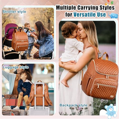 Weitars Diaper Bag Backpack Leather Baby Diaper Bag with Changing Pad Travel Diaper Backpack,Baby Bag for Mom,Stroller Straps,5 Insulated Pockets (Brown Leather) - color: Brown Leather