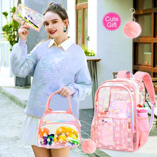 gxtvo 3PCS Clear Backpack Heavy-Duty Set for Women & Teen Girls, 17" Pink Transparent Bookbag with Rainbow Strap, Cute Chrysanthemum See Through School Bag - color: Pink Chrysanthemum Clear Backpack Set