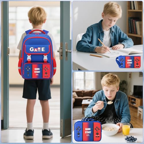 School Backpacks for Boys - 3PCS Gamer Boys Backpack with Lunch Box Set for Kids Teens, Multifunctional Bookbag for Elementary Middle School Students, 17″ Video Game Travel Bag Ages 6-18 - color: Red-blue-backpack Set
