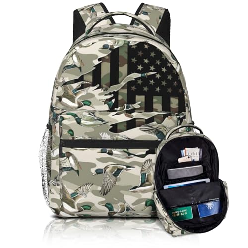 Wild Duck Camo Backpack for Boys Camo Hunter American Flag Duck School Bag for Elementary Middle School Daypack Travel Bookbag for Age 6-18 Teen Kids Back Pack - color: Wild Duck