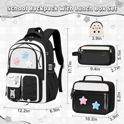 Girls Backpack with Lunch Box, 4 PCS Black Kawaii School Bookbag for Girls - color: Black