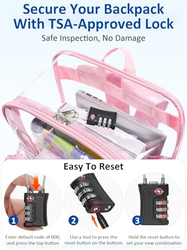 Extra Large Clear Backpack with TSA Lock, Heavy Duty Transparent See Through Clear Bookbag for College, Work, Travel, Casual Sport, Pink - color: Pink