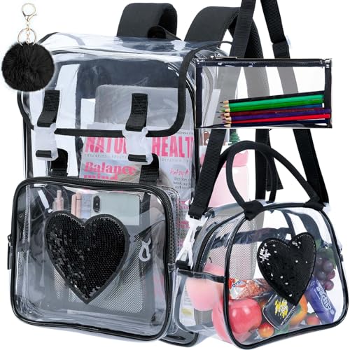 3PSC Clear Backpack, Heavy Duty Transparent Bookbag for Girls Women, Stadium Approved See Through Backpack Set (Black Sequins) - color: Black Sequin