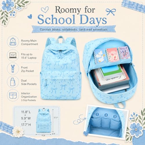 LEDAOU School Backpack for Teen Girls Elementary Middle School Bookbag Kids Backpacks Women Laptop Backpack Travel Daypack (Bow Tie Blue) - color: Bow Tie Blue