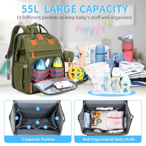 KABAQOO Diaper Bag Backpack with Detachable Changing Station, Large Capacity Baby Diaper Bags for Boys & Girls, Baby Registry Search Stuff & Shower Gifts, Newborn Essentials Must Haves, Army Green - color: Army Green
