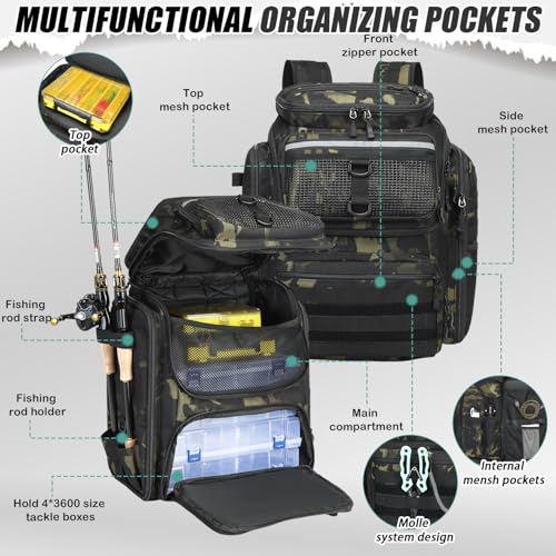 HAMBOLY Fishing Backpack 45L with Rod Holders, Water-Resistant Tackle Backpack for Fishermen, Large Capacity Fishing Gear Bag for Travel Hiking Camping - color: Dark CM (4 Tackle Boxes Included)