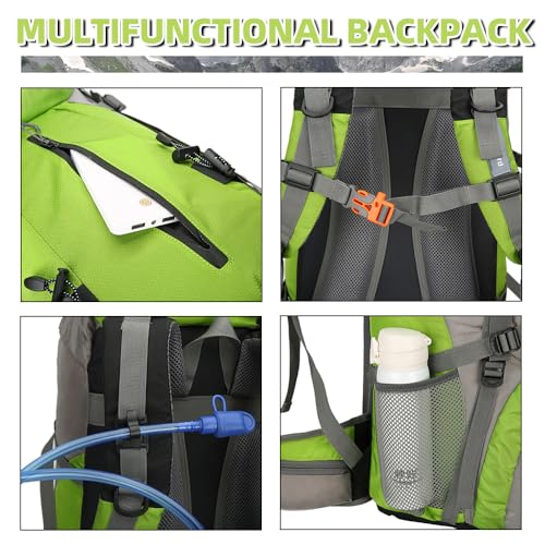 King'sGuard 70L Hiking Backpack with Rain Cover Lightweight Waterproof Travel Camping Backpack Large Backpacking Pack - color: Green