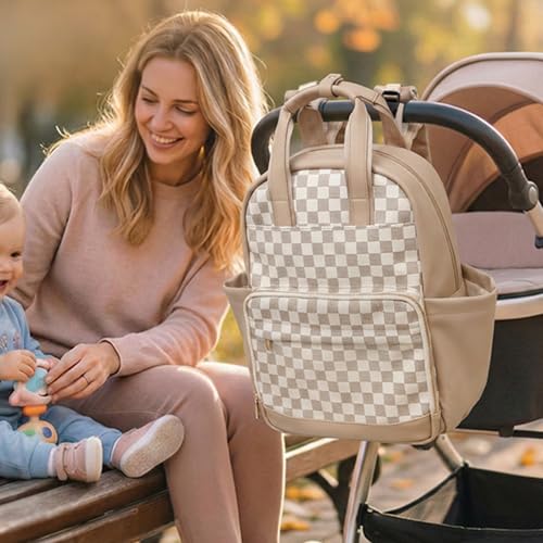 miss fong Small Diaper Bag - Baby Diaper Bag Backpack Checkered Diaper Bag with Changing Pad Baby Backpack for Travel Daycare Mommy Diaper Backpack Pañaleras Para Bebe for Mom & Dad-White&Beige - color: Beige&honey