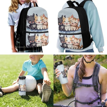 ZOUTAIRONG Cute Cat School Bag and Insulated Water Bottle, School Bags for Girls Boys 7-10/10-12/12-16, Casual Backpack with Side Pockets - color: Cute Cat