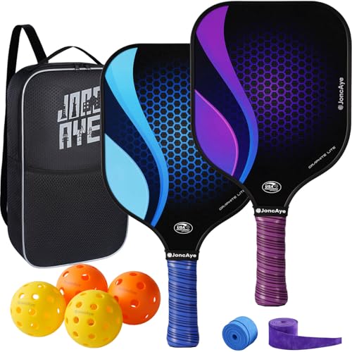 JoncAye Pickleball Paddles Set of 4 or 2, USAPA Approved Fiberglass Rackets with Outdoor Indoor Balls, Bag, Overgrip, Lightweight for Family, Professional Equipment for Beginners Intermediate - color: Purple&Blue