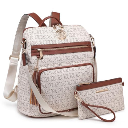 Women's Convertible Backpack Purse, Large Leather Travel Backpack 2PC Set - color: Beige