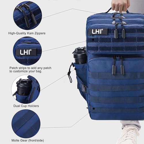 LHI Military Tactical Backpack for Men and Women 45L Army 3 Days Assault Pack Bag Large Rucksack with Shoe Compartment - Black and White - color: 1.21 Shoe Compartment（blue）