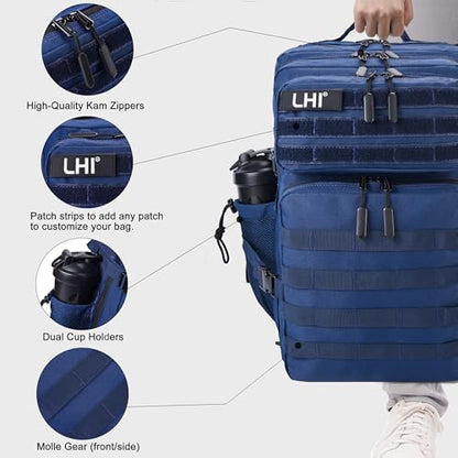 LHI Military Tactical Backpack for Men and Women 45L Army 3 Days Assault Pack Bag Large Rucksack with Shoe Compartment - Black and White - color: 1.21 Shoe Compartment（blue）