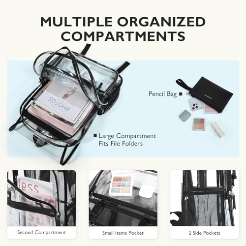 mommore Clear Backpack Heavy Duty Thick PVC Clear Bookbag for School with Pencil Bag Transparent Backpack See-Through Bag - color: Black, style: Clear Backpack Set
