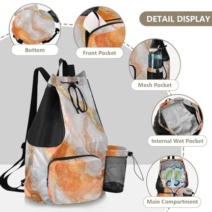 Drawstring Beach Backpack Sports Bag With Water Bottle Pocket Cinch Bags Wet and Dry Separation Marble White Orange - color: Color 25