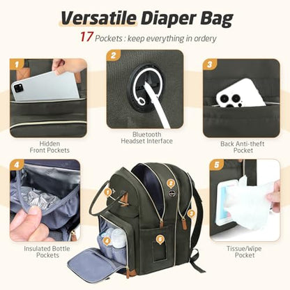 Diaper Bag Backpack - Extra Large Diaper Bag for 2 Kids Twin, Travel Baby Bags for Mom Dad 25-37L Expandable with Changing Pad Earphone Hole, Solid Green - color: Solid Green