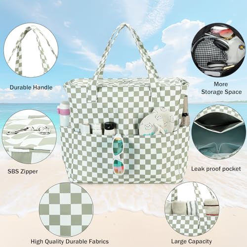 LEDAOU Beach Bag Waterproof Sandproof Women Beach Tote Pool Bag with Zipper for Swim Gym Grocery Travel with Wet Pocket | Sandproof - color: Grid-grass Green2
