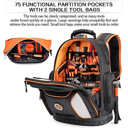 Tool Bag Backpack with 2 Canvas Tool Pouch Tool Kit, 75 Pockets & Loops Heavy Duty Tools Organizer/HVAC Tool Carrier for Eelectrician/Construction Work with Molded Base and Combination Lock, Black - color: Black1