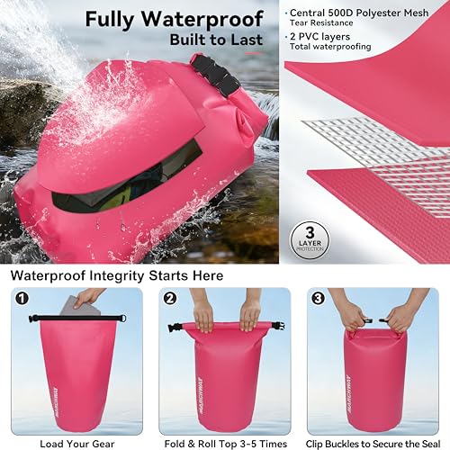 MARCHWAY Floating Waterproof Dry Bag Backpack 5L/10L/20L/30L/40L, Roll Top Sack Keeps Gear Dry for Kayaking, Rafting, Boating, Swimming, Camping, Hiking, Beach, Fishing - color: Pink, size: 5L