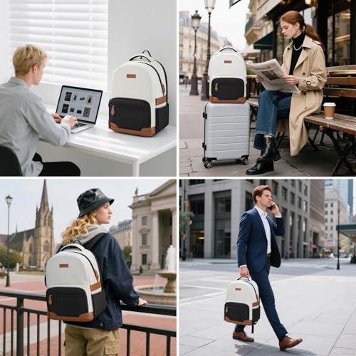 RealCool 15.6-17.3" Laptop Backpack, 31L Water Resistant Travel Bag | Independent frame opening, lightweight ,multi-compartments, ergonomic padded straps, luggage belt, for School,Business Trip - color: Beige-black