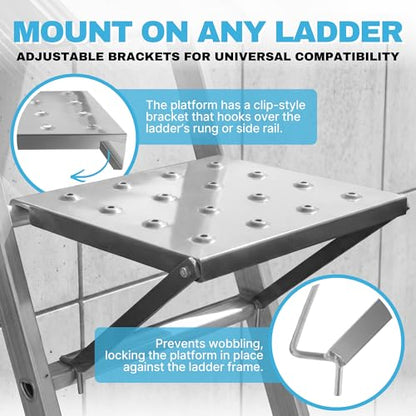 Universal Ladder Platform Attachment 11.8" x 10.4", 400 LBS Capacity, Non-Slip Aluminum Alloy, Fits All Ladder Types, Adjustable Height Mount for Painting, HVAC & Electrical