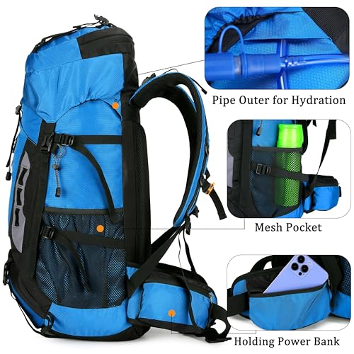 YFREAL 60L Travel Hiking Camping Backpack with Rain Cover,Backpack Water Resistant,Climbing Backpack for Men Women (BLUE) - color: Blue