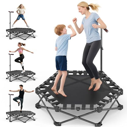 RYGEO Mini Fitness Trampoline with Adjustable Handle Bar, Black, Indoor Exercise Rebounder for Kids, Foldable Frame