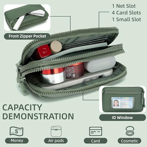 FODOKO Wristlet wallets for women Nylon Quilted Wallet with 4 Zippers,Travel Credit Card,Holder Cell Phone Organizer - color: Pea Green 2