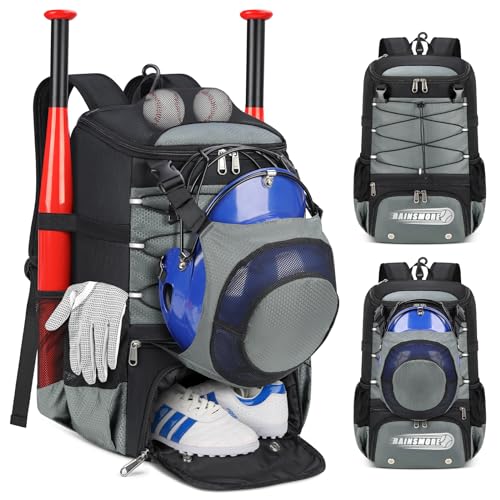 RAINSMORE Baseball Bag for Youth & Adult Lightweight Softball Bat Bag with Shoe Compartment, External Helmet Holder and Fence Hook Waterproof Baseball Backpack Hold T-Ball, Bat and Softball Equipment - color: Grey