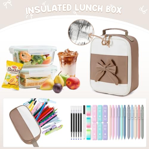 Kids Backpack for Girls, 3PCS School Backpack Set with Insulated Lunch Box & Pencil Case, Waterproof Lightweight Bookbag for Elementary & Middle School, Cute Bow Travel Daypack Brown-Beige - color: Brown-beige