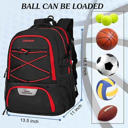 LARIPOP Basketball Backpack Large Basketball Bag with Ball Holder & Shoe Compartment for Adults Men Women - color: Red