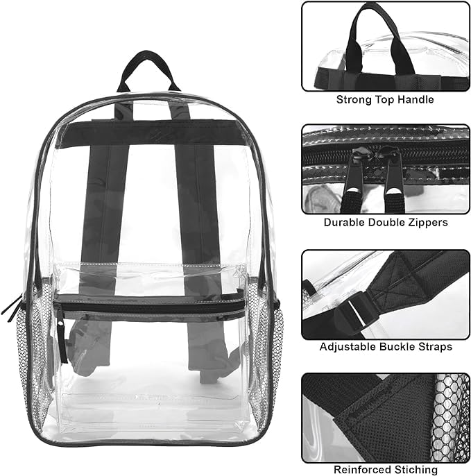 Trail maker Bulk Clear Backpacks Wholesale for School 24 Pack Clear Backpacks for Boys, Girls, School, Stadium, Travel (Black Pack) - color: Black Pack