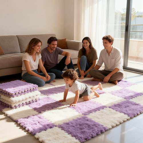 Thickened Plush Foam Interlocking Floor Carpet Mat,24 Piece 12x12in Fluffy Square Puzzle Foam Carpet Tiles with Edgings,Soft Anti-Slip Shaggy Area Rug Playmat(Color:Purple+White) - color: Purple+white