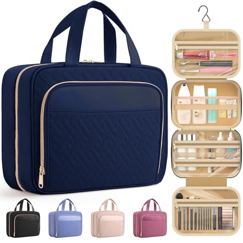 HOTOR Travel Toiletry Bag for Women & Men, Waterproof Makeup Bag with Hanging Hook and Multiple Pockets, Cosmetic Bags for Women, Travel Essentials, 11.2'' x 3.2'' x 8.9'', Dark Blue - color: Dark Blue, size: Medium