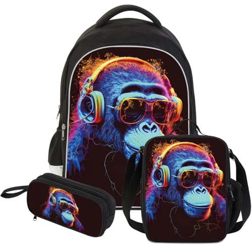 ZRENTAO 3 Pcs Kids Backpack, 3D Reflective Cartoon, 600D Polyester & Dual Zippers, 17" Bookbag with Ergonomic Design for boys & girls age 6-18, Gorilla Space Style for school Children Kids - color: 02#gorillaset