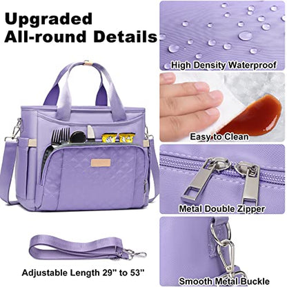 AIJIEKE Large Insulated Lunch Bag for Women, Leakproof Work Lunch Box Tote | Keeps food fresh 8-12 hours. Spacious multi-pocket design with a removable strap. Water-resistant and easy-wipe interior - color: Light Purple