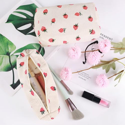 3 Pcs Makeup Bag Cosmetic Bag Set for Girls Women Travel Organizer Bathroom Toiletry Pouch Large Capacity Storage Bag (Strawberry Beige) - color: Strawberry Beige