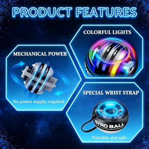 Gyro Power Wrist Ball - Forearm Trainer for Grip Strength & Muscle Recovery, Strengthen Wrist, Arm, Finger Muscles with Dynamic LED Lighting, Manual Workout Ball for Hand Fitness & Exercise.