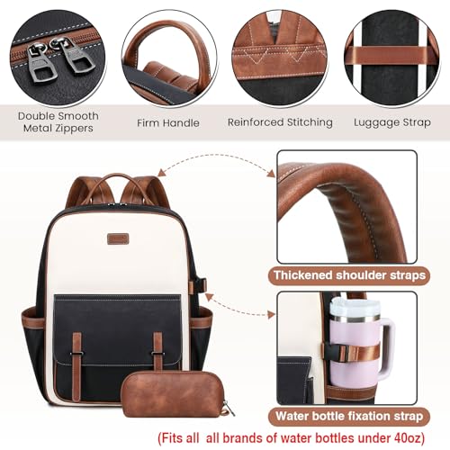 Vegan Leather Laptop Backpack for Women Designer 15.6 Inch PU Laptop Bag, Ladies Travel Computer Work Backpack - color: Beige Black Brown