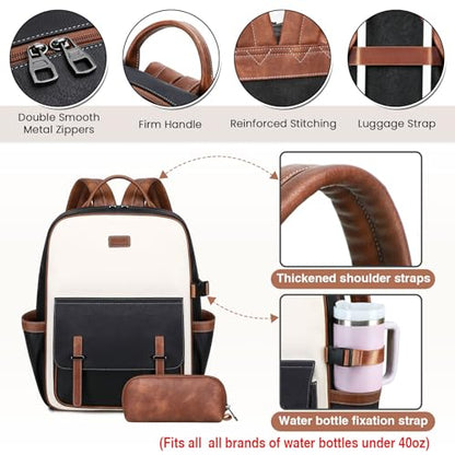 Vegan Leather Laptop Backpack for Women Designer 15.6 Inch PU Laptop Bag, Ladies Travel Computer Work Backpack - color: Beige Black Brown