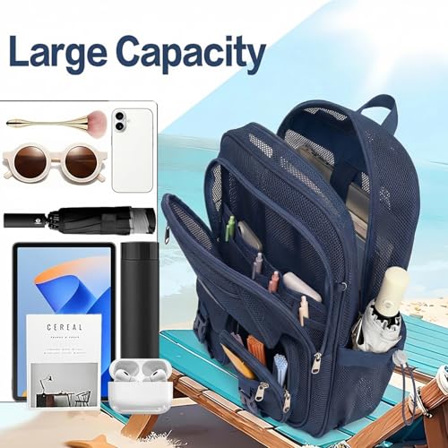 Mesh Backpack for Boys, Women Girls Mesh Bookbags Heavy Duty Semi-Transparent School Bag Net Back Pack for Travel, Beach, Swimming, Work - Navy Blue - color: Navy Blue