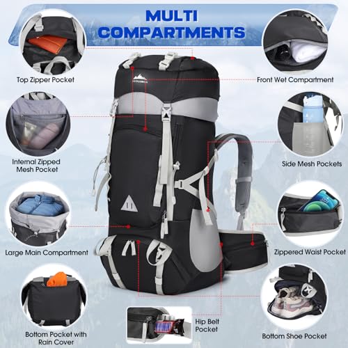 IGOLUMON 60L Hiking Backpack Waterproof Camping Backpack with Rain Cover Large Lightweight Backpacking Backpack for Men Women - color: Black