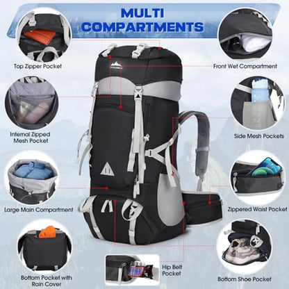 IGOLUMON 60L Hiking Backpack Waterproof Camping Backpack with Rain Cover Large Lightweight Backpacking Backpack for Men Women - color: Black