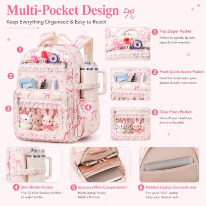 LEDAOU School Backpack for Teen Girls Elementary Middle School Bookbag Kids Backpacks Women Laptop Backpack Travel Daypack (Lace Clear Pocket - Bow Beige) - color: Lace Clear Pocket - Bow Beige