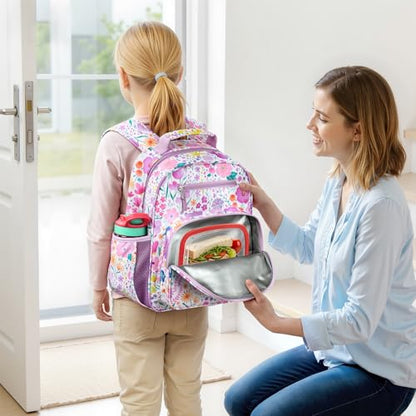 mibasies Kids Backpack for Girls 5-8: Water-Resistant School Bookbag for Kindergarten and Elementary - Flower Light Purple - color: Flower Light Purple, style: Kids-15"h