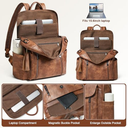 Shrrie Laptop Backpack for Women 15.6 inch,Travel Leather Backpack Purse Nurse Teacher Carry on Backpack Computer Bag,Professional Water-Resistant College Business Work Casual Daypack,Two-toned Brown - color: Two-toned Brown