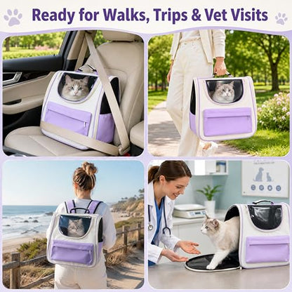 Cat Backpack Carrier, Foldable Pet Carrier Backpack for Cats and Small Dogs, Built-in Safety Clip, Dual-Sided Ventilation Mesh, for Travel, Walking, Hiking & Vet Visits, Purple